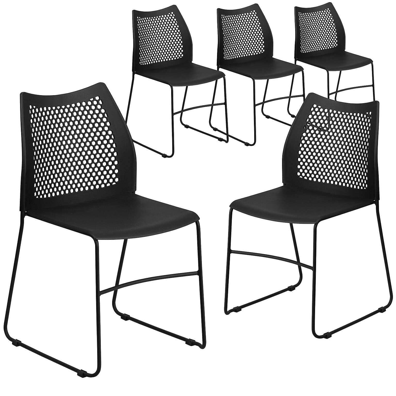 Flash Furniture HERCULES Series Plastic Stack Chair with Air-Vent Back and Sled Base, Black, 5 Pack (5RUT498ABK)
