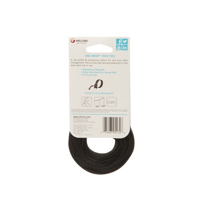 Velcro ONE-WRAP Cable Ties, 1/2" x  8", Reusable Hook & Loop Fastener, Black, 50/Pack (95172)