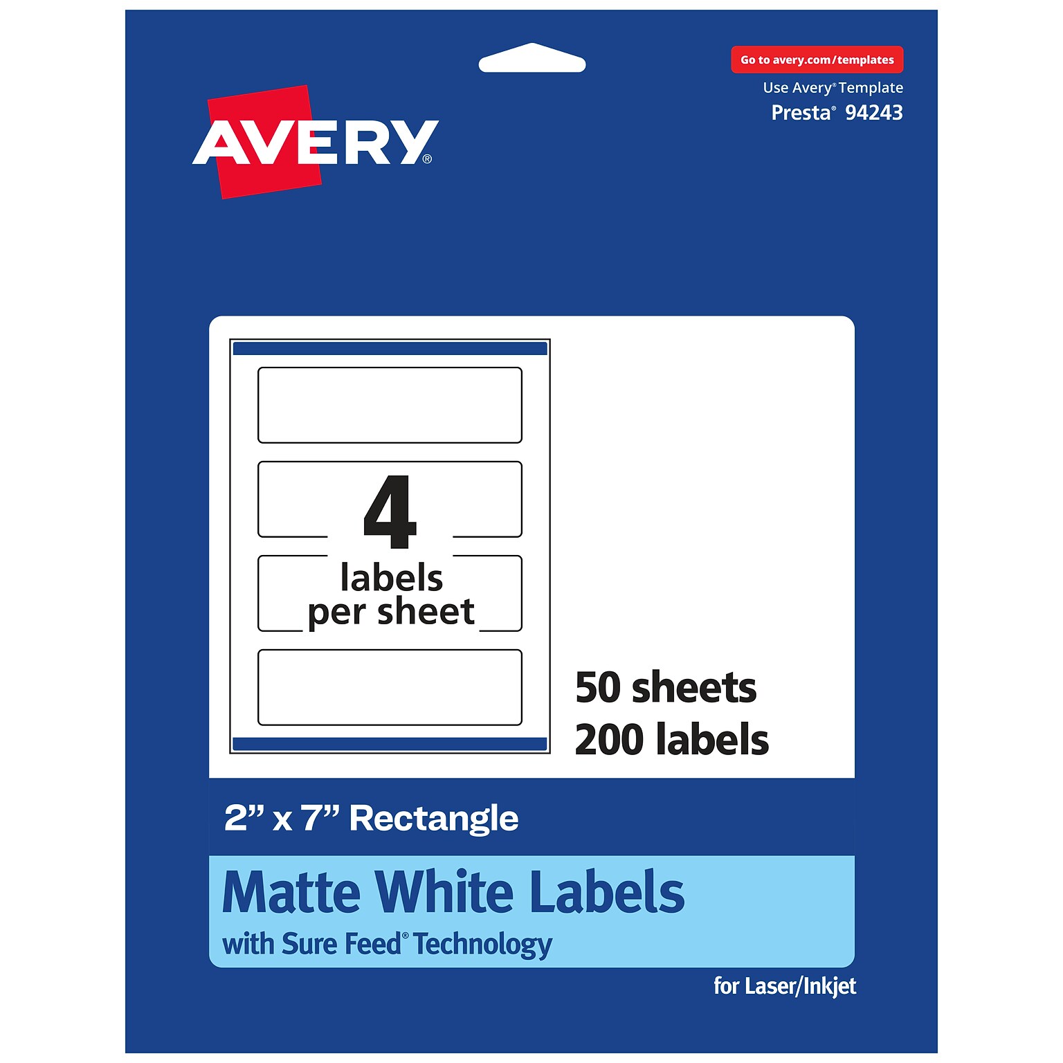 Avery Laser/Inkjet Multipurpose Labels, White, 4 Labels/Sheet, 50 Sheets/Pack (94243-WMP50)