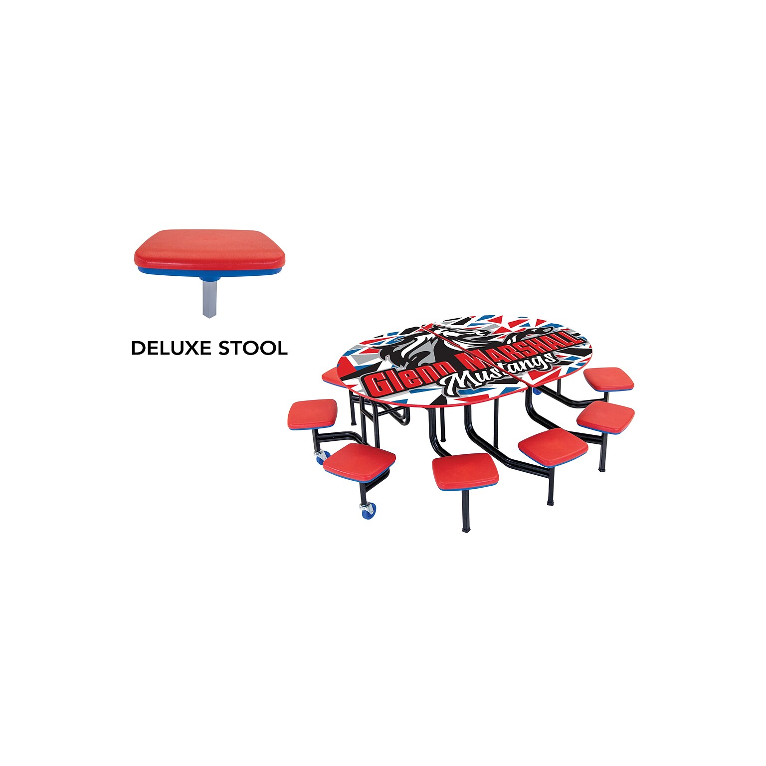 AmTab Elliptical Mobile Cafeteria Table w/ 10 Stools, 35 x 73, Assorted Colors (MSE610)