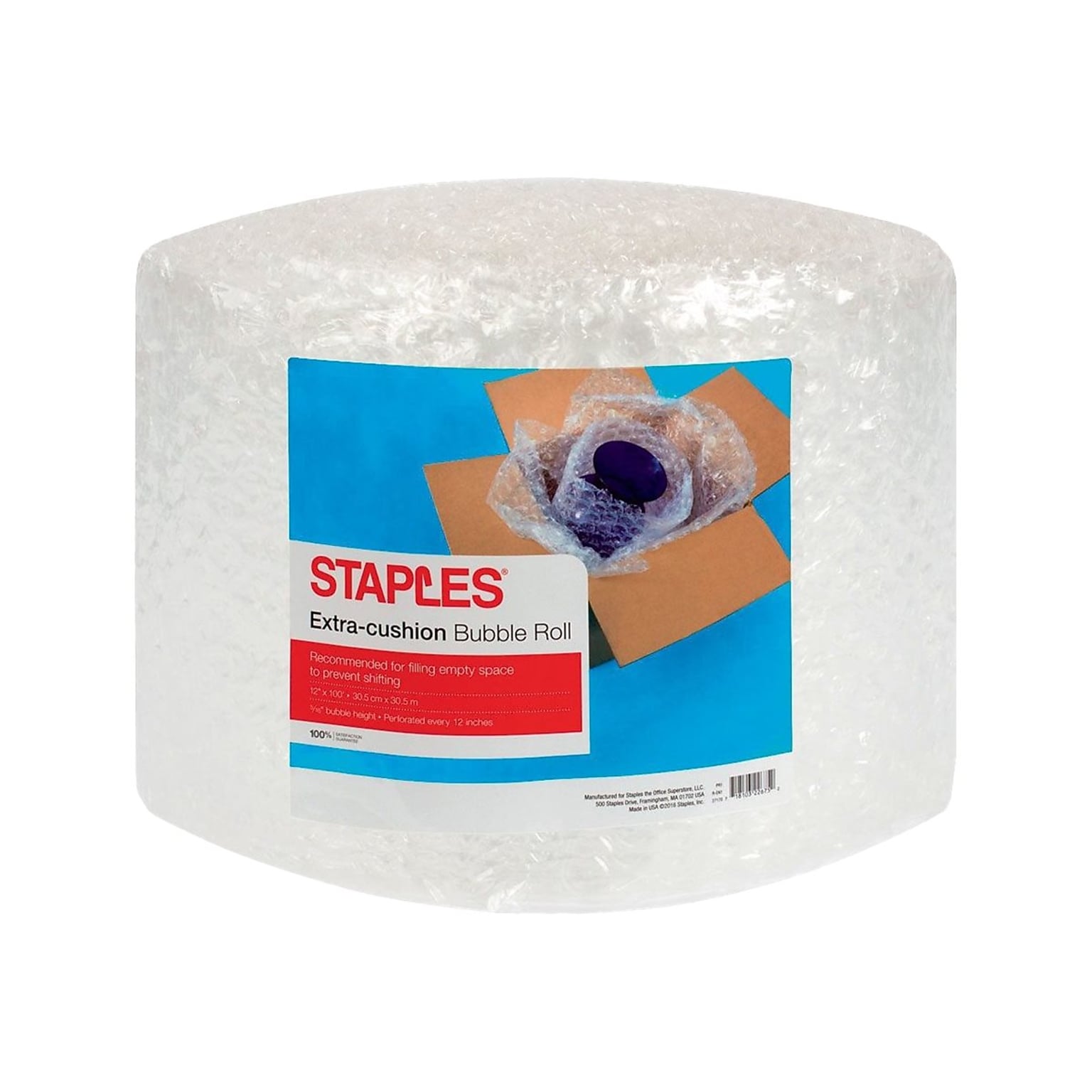 Staples Standard Bubble Cushioning Roll, 5/16” Bubble Height, 12” x 100’, Protective Packaging for Shipping & Storage