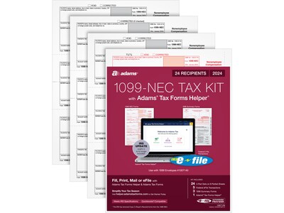 Adams 2024 1099-NEC Tax Form with e-files and Access to Adams Tax Forms Helper, 4-Part, 3-Up, Copy A