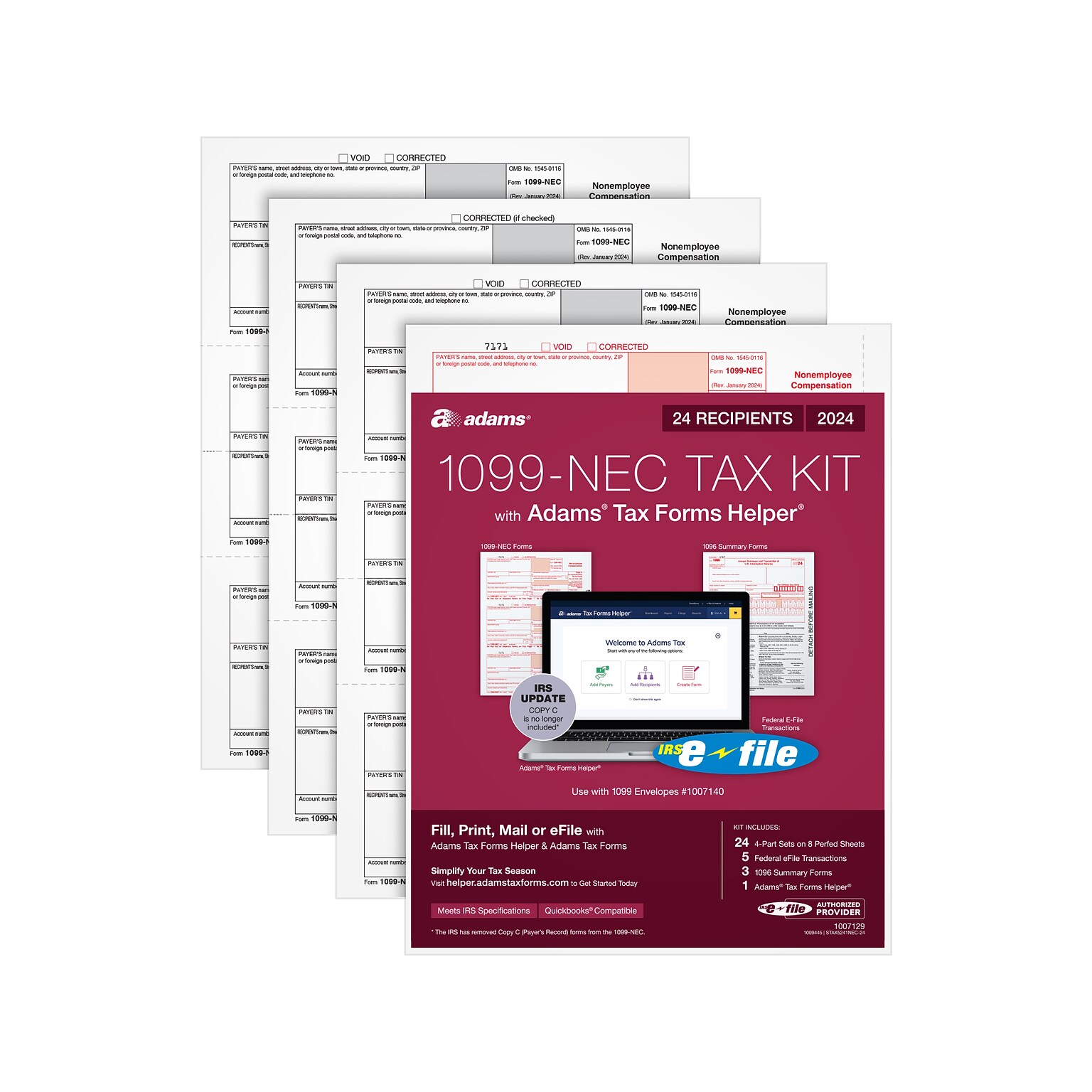 Adams 2024 1099-NEC Tax Form with e-files and Access to Adams Tax Forms Helper, 4-Part, 3-Up, Copy A, 1, B, 2, 24/Pack