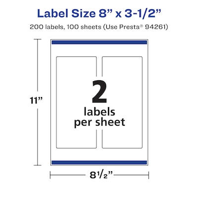 Avery Rectangle Laser/Inkjet Multipurpose Labels, 8" x 3.5", White, 200 Labels/Box (94261)