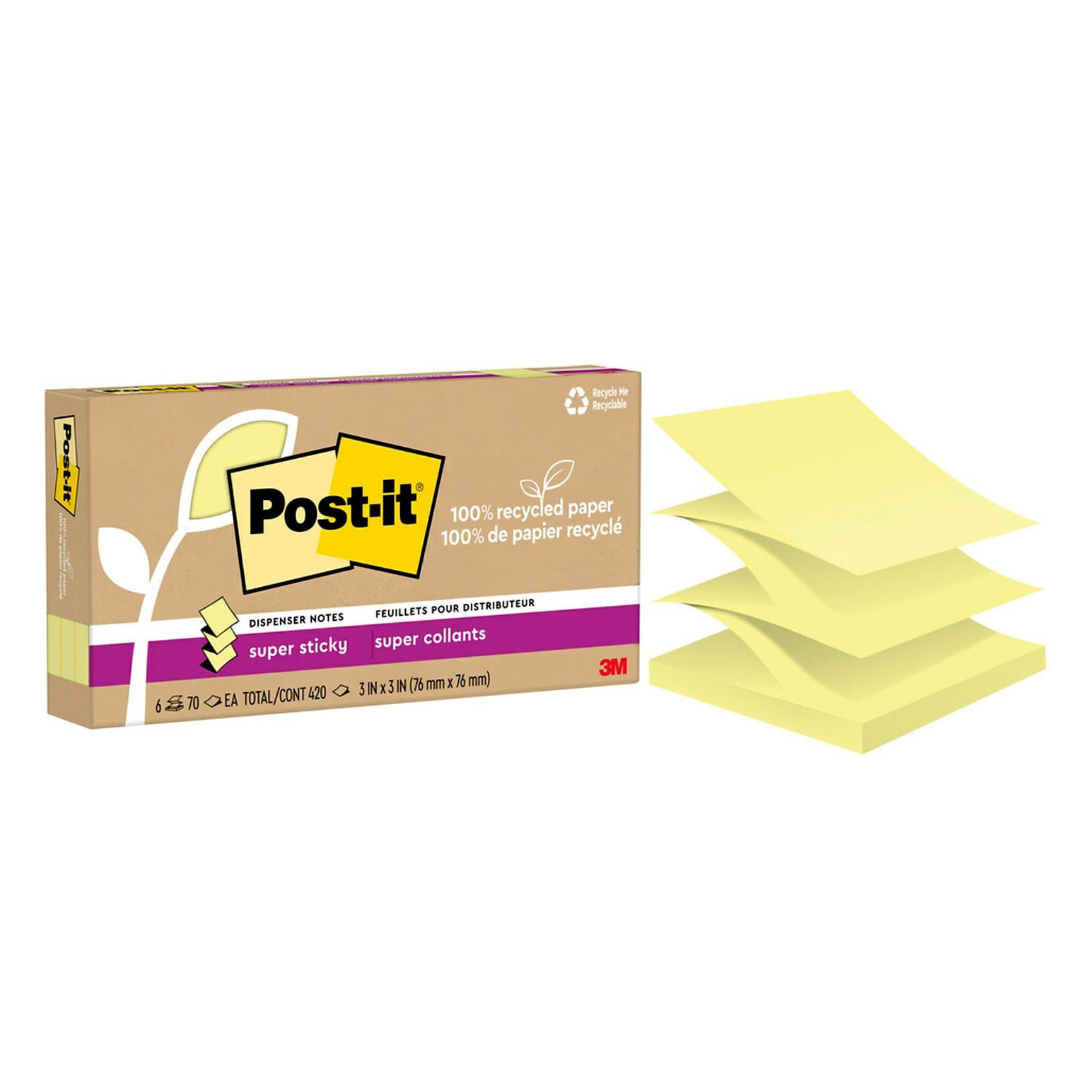 Post-it Recycled Super Sticky Pop-up Notes, 3 x 3, Canary Collection, 70 Sheet/Pad, 6 Pads/Pack (R330R-6SSCY)
