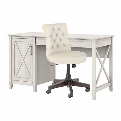 Bush Furniture Key West 54 Computer Desk with Storage and Mid-Back Tufted Office Chair, Linen White