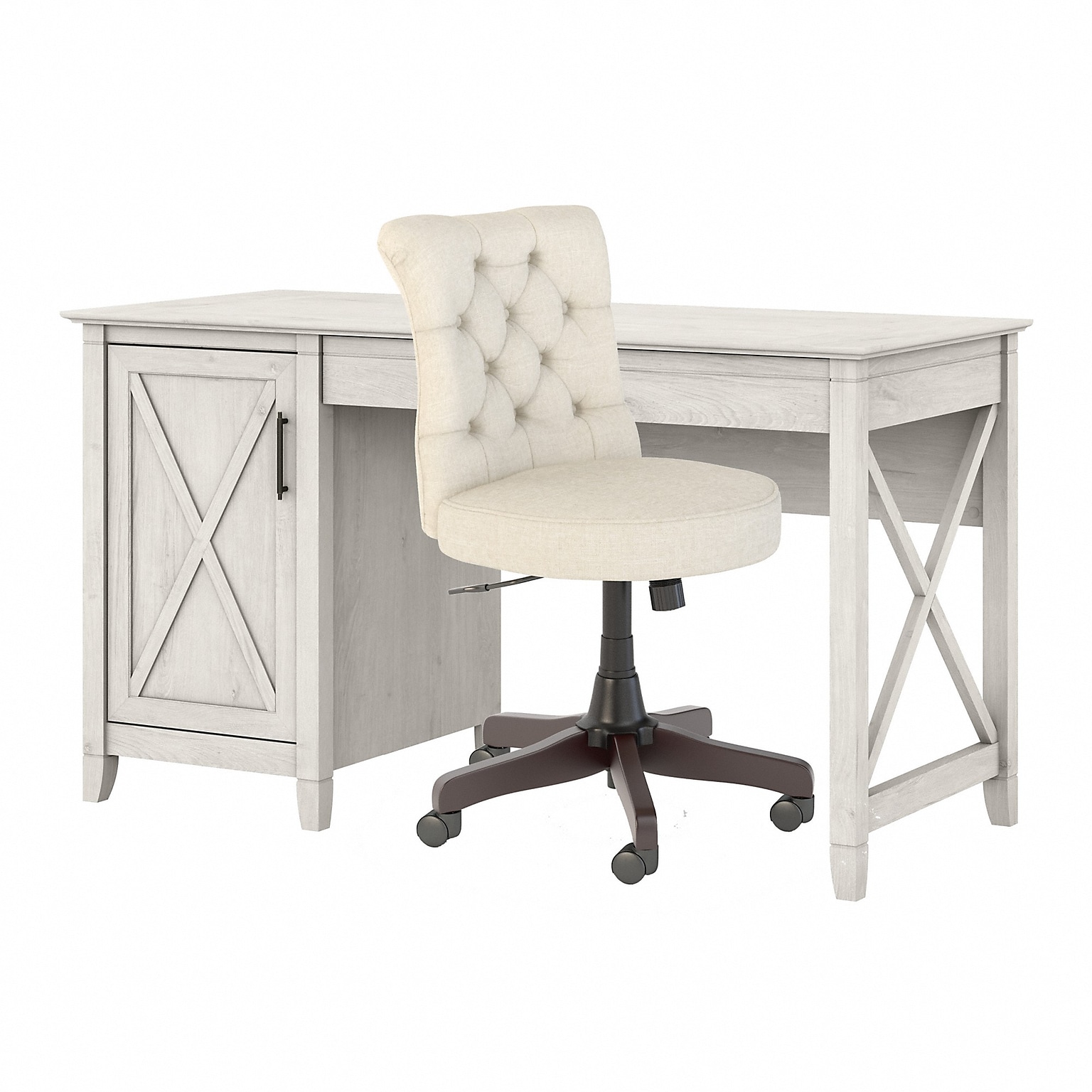 Bush Furniture Key West 54 Computer Desk with Storage and Mid-Back Tufted Office Chair, Linen White Oak (KWS020LW)