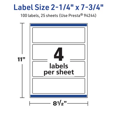 Avery TrueBlock Laser/Inkjet Rectangle Multipurpose Labels, 2.25" x 7.75", White, 100/Pack (94244)