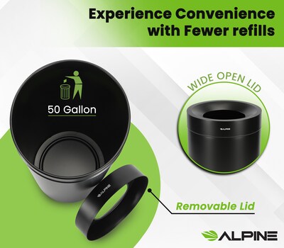 Alpine Industries Stainless Steel Trash Can, 50 Gallon, Black (ALP475-50-BLK)