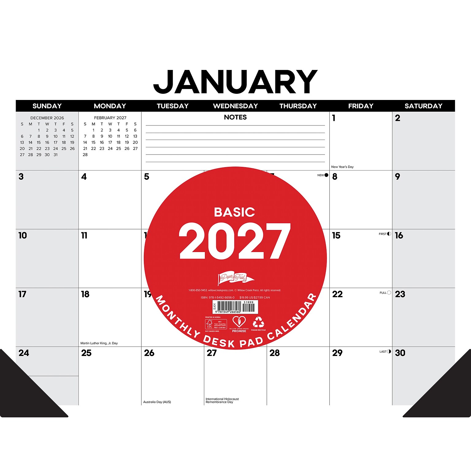 2027 Willow Creek Basic 22 x 17 Monthly Desk Pad Calendar, Assorted Colors (66560)