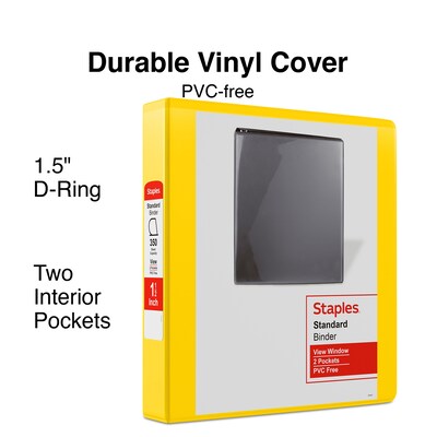 Staples® Standard 1.5" 3 Ring View Binder with D-Rings, Yellow (58652)