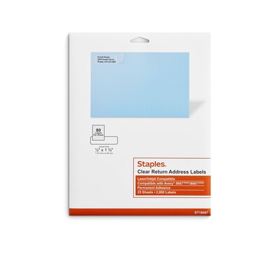 Staples® Laser/Inkjet Address Labels, 1/2 x 1 3/4, Clear, 80 Labels/Sheet, 25 Sheets/Pack, 2000/Bo