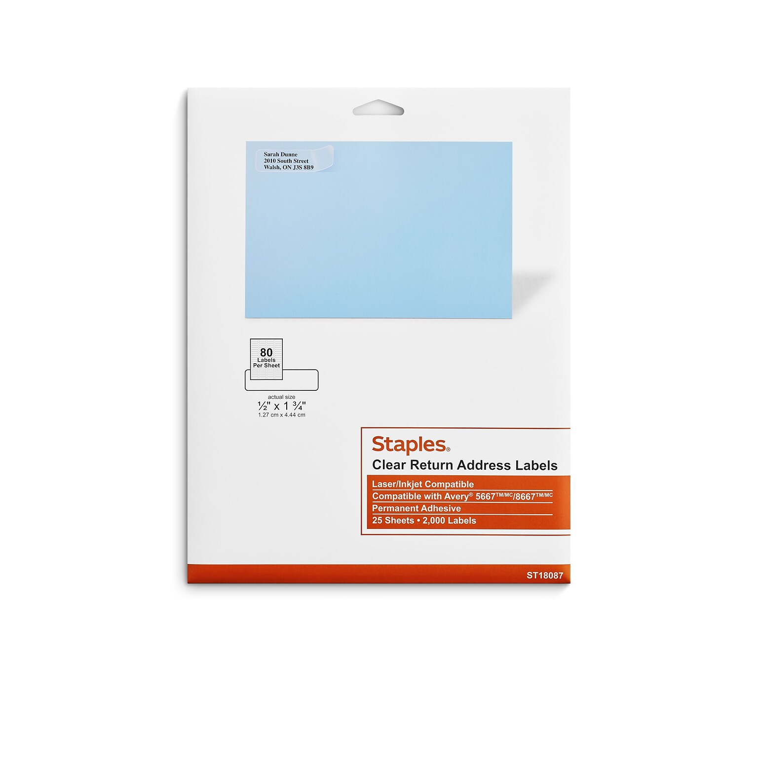 Staples® Laser/Inkjet Address Labels, 1/2 x 1 3/4, Clear, 80 Labels/Sheet, 25 Sheets/Pack, 2000/Box (ST18087/18087)