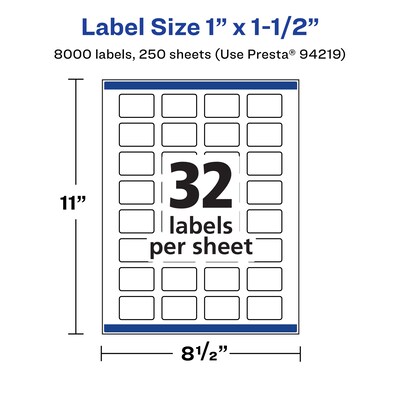 Avery Laser/Inkjet Rectangle Multipurpose Labels, 1" x 1.5", White, 8000 Labels/Box (94219)