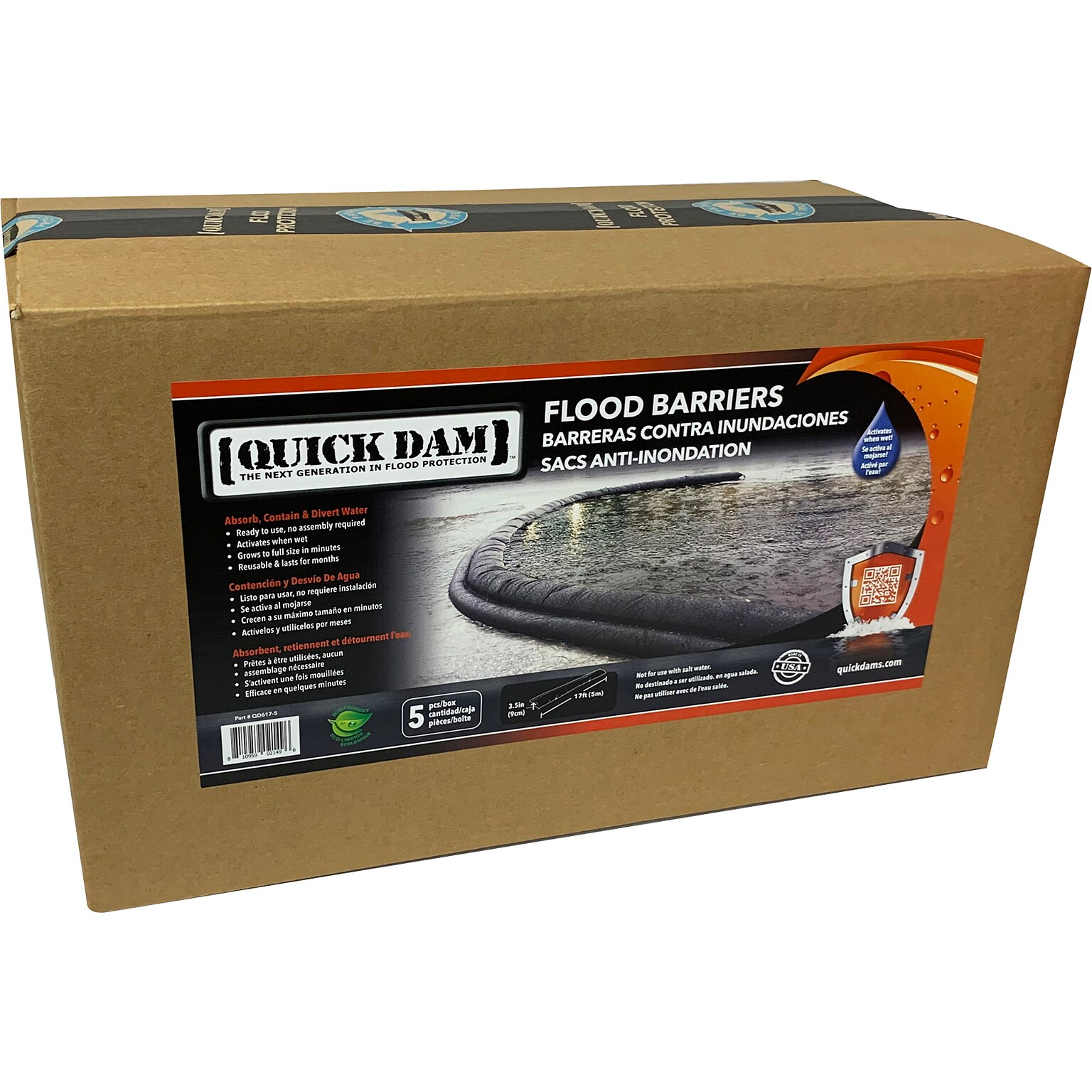 Quick Dam Water Flood Barrier, 204, Up to 14 Gal., 5/Box (QD617-5)