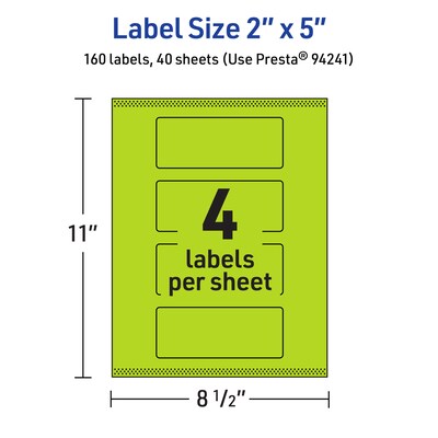 Avery Laser/Inkjet Multipurpose Rectangle Labels, 2" x 5", Bright Green, 160/Pack (94241)