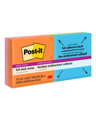 Post-it® Super Sticky Full Stick Notes, 3 x 3, Rio de Janeiro Collection, 25 Sheets/Pad, 16 Pads/P