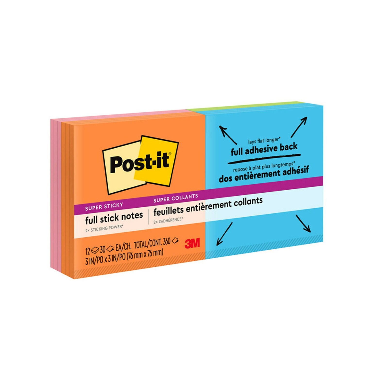 Post-it® Super Sticky Full Stick Notes, 3 x 3, Rio de Janeiro Collection, 25 Sheets/Pad, 16 Pads/Pack (F330-16SSAU)