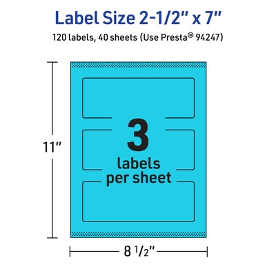 Avery Printable Rectangle Multipurpose Labels, 2.5" x 7", Bright Blue, 120/Pack (94247)