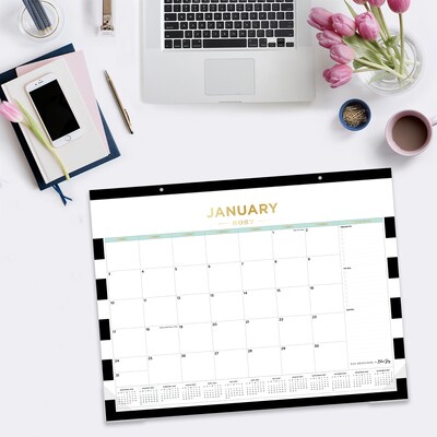 2027 Blue Sky Day Designer Rugby Stripe Black 22" x 17" Monthly Desk Pad Calendar, Black/White (143895-27)