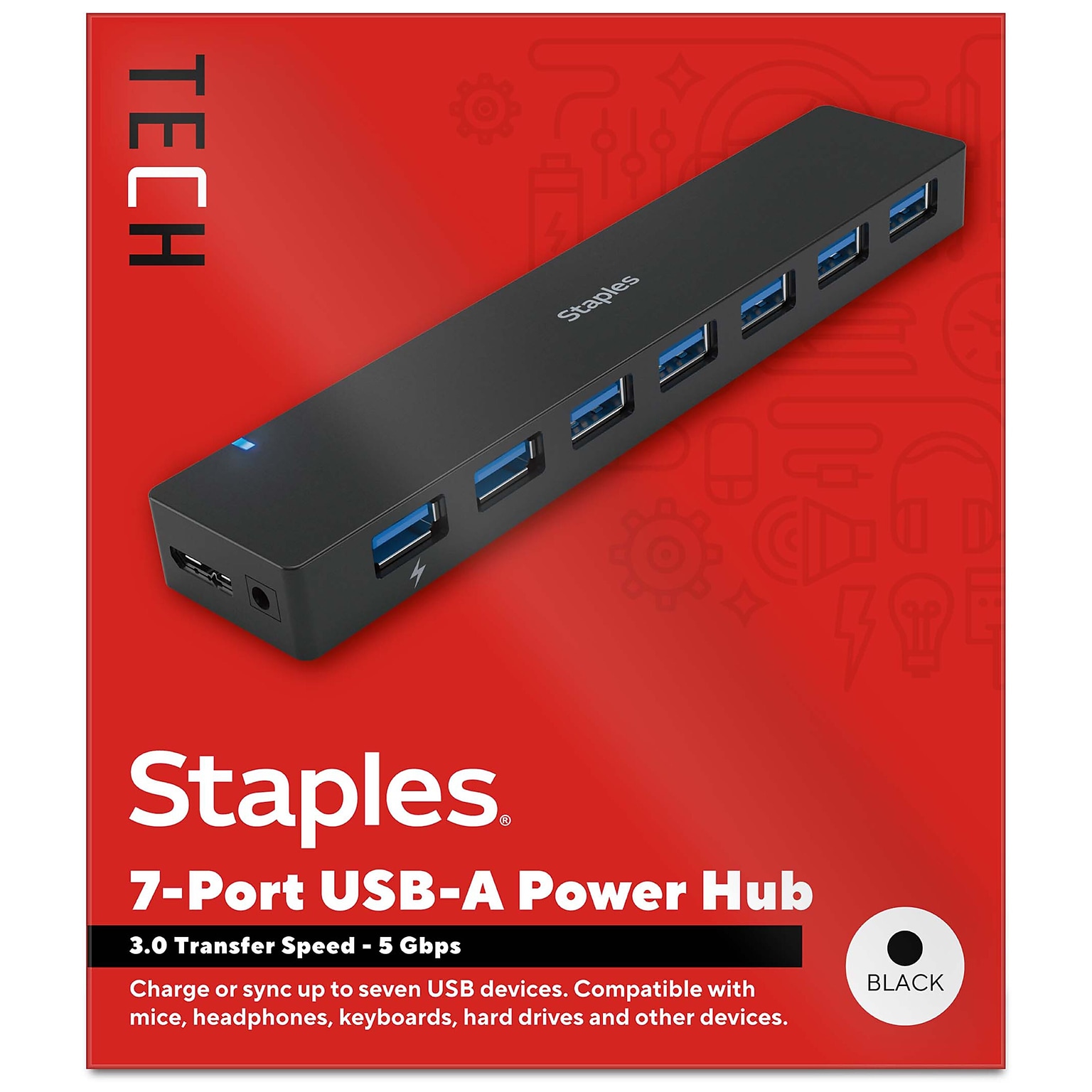 Staples TECH 7-Port USB 3.0 Hub, Black (ST62371)