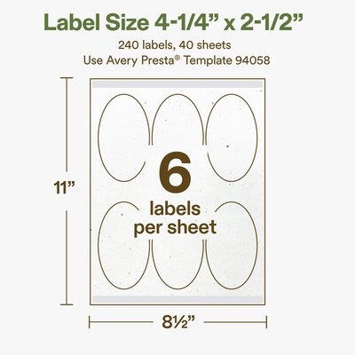 Avery Hemp Oval Laser/Inkjet Multipurpose Labels, 4-1/4" x 2-1/2", Off-White (240/Box)