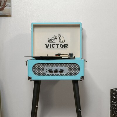 Victor Andover Dual-Bluetooth Belt-Drive 5-in-1 Suitcase-Style Record Player with Legs, Turquoise (VWRP-3200-TQ)