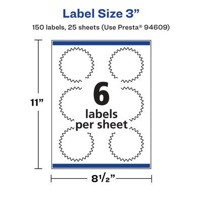 Avery Laser/Inkjet Multipurpose StarburstLabels, 3" Dia, Glossy White, 150/Pack (94609)
