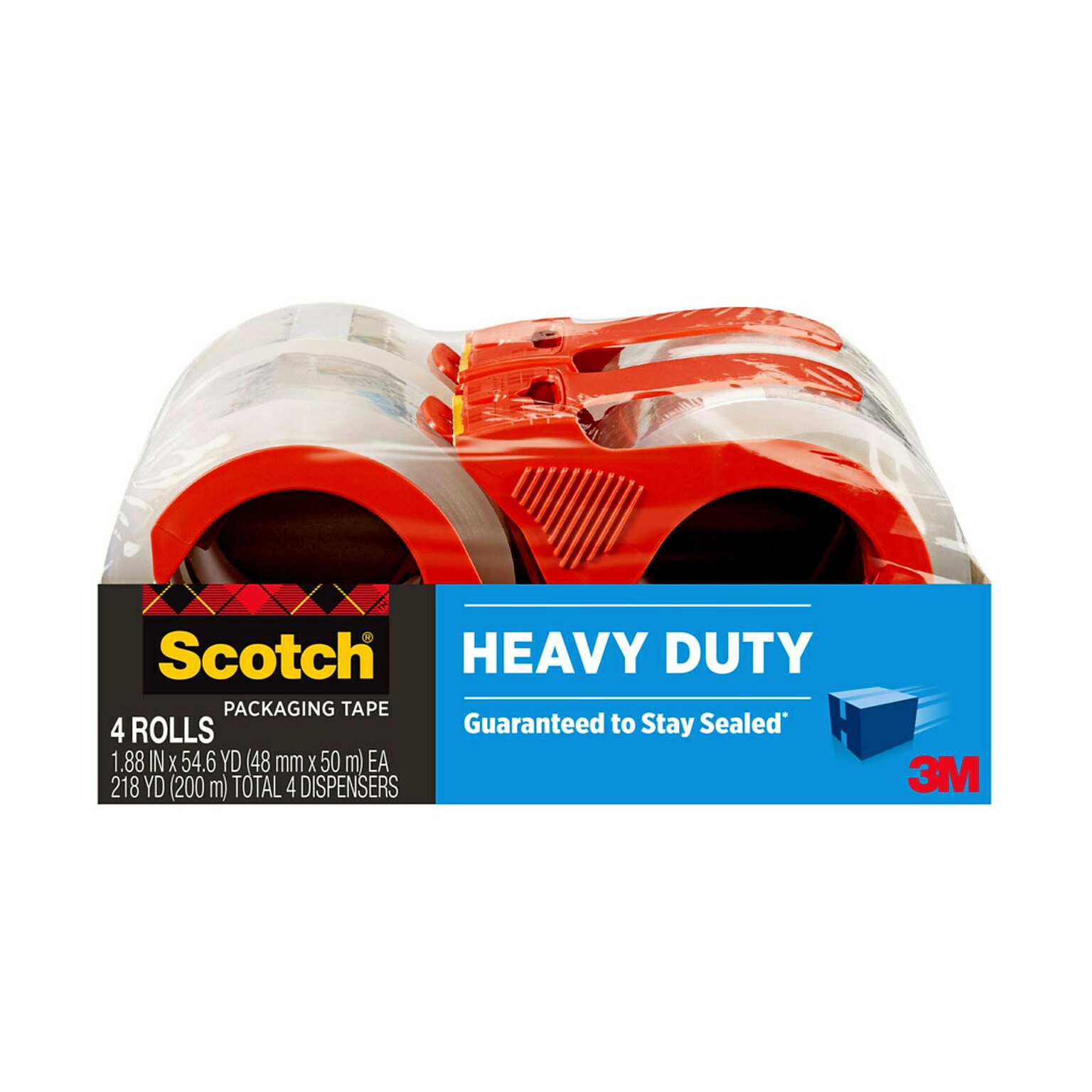 Scotch Heavy Duty Packing Tape with Dispenser, 1.88 x 54.6 yds., Clear, 4/Pack (3850-4RD)