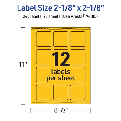 Avery Laser/Inkjet Square Multipurpose Labels, 2-1/8" x 2-1/8", Bright Yellow, 240/Pack (94105)