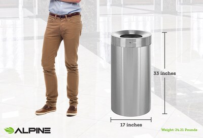 Alpine Industries Stainless Steel Trash Can with Open Lid, 27 Gallon, Silver (ALP475-27)
