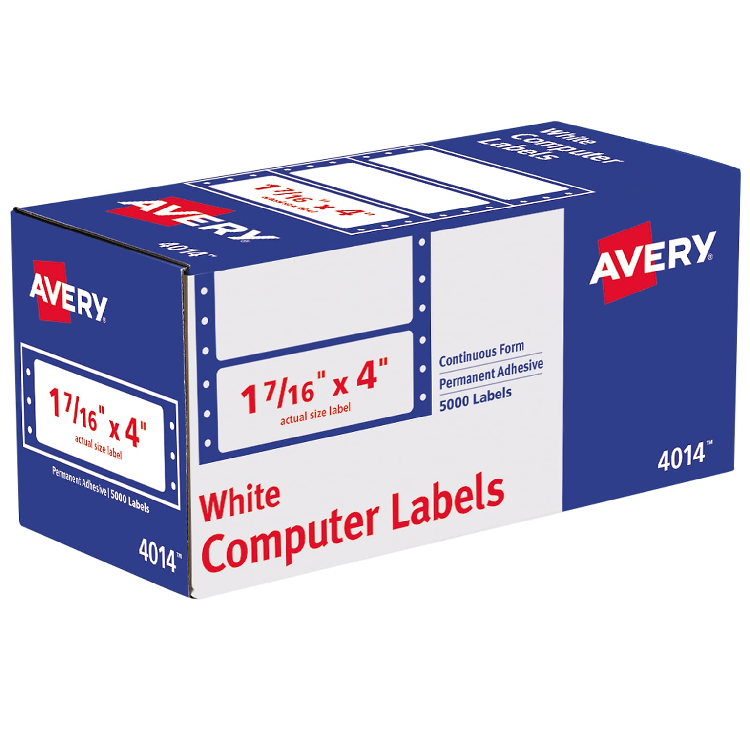 Avery Pin Fed Continuous Form Computer Labels, 4 x 1-7/16, White, 1 Label Across, 4 3/4 Carrier, 5,000 Labels/Box (4014)