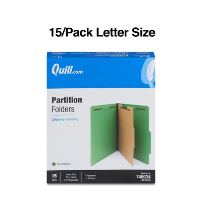 Quill Brand® 2/5-Cut Tab Pressboard Classification File Folders, 1-Partition, 4-Fasteners, Letter, Green, 15/Box (746034)