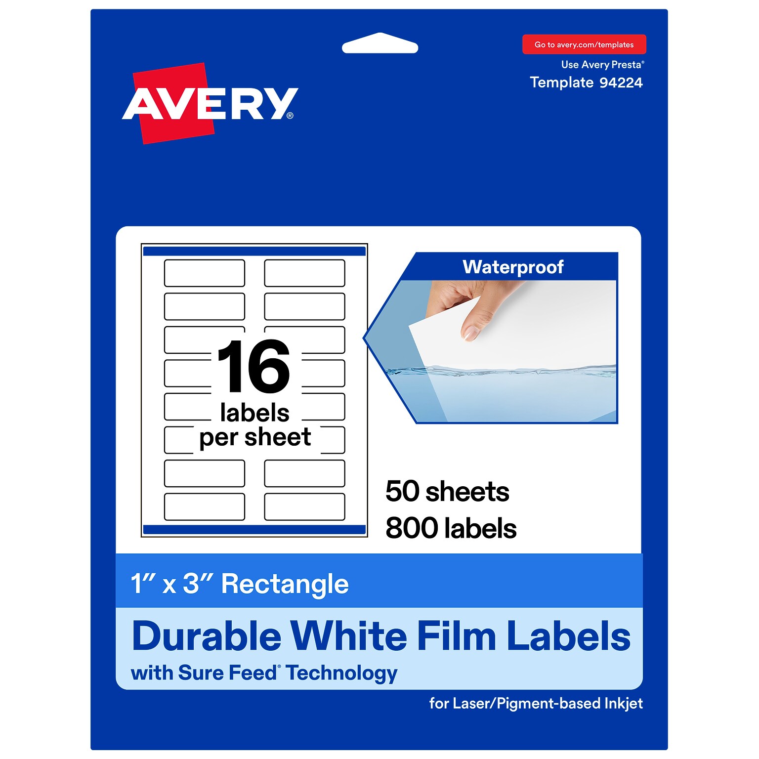 Avery Laser/Inkjet Rectangle Multipurpose Labels, 1 x 3, White, 800 Labels/Box (94224)