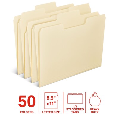Staples Heavy Duty File Folder, 1/3-Cut Tab, Letter Size, Manila, 50/Box (ST62566)