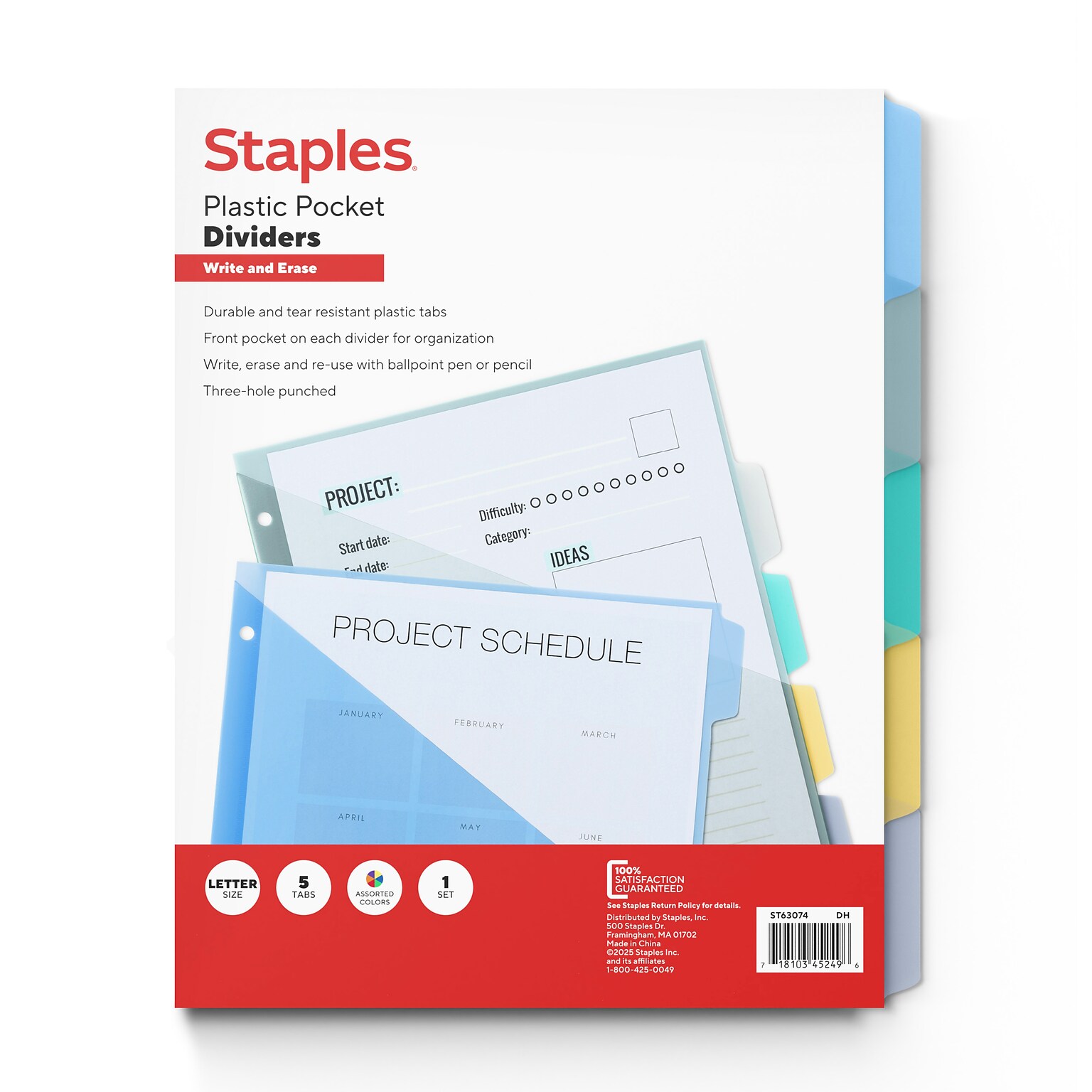 Staples Write & Erase Plastic Dividers with Pockets, Multicolor, 5-Tabs (ST63074)