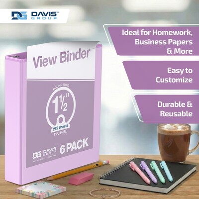 Davis Group, 1.5", 8.5" x 11", Round Ring View Binder, Pastel Color, Lavender, 6/Pack (7412-13-06)