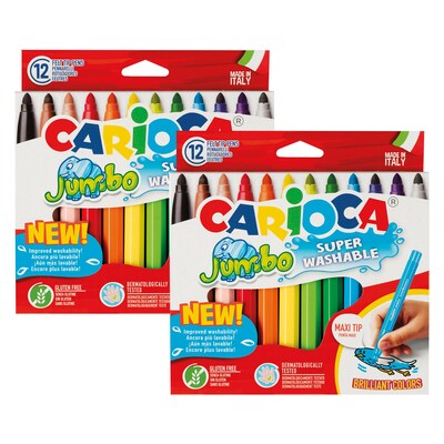 CARIOCA Jumbo Washable Kids Markers, Maxi Tip, Assorted Colors, 12/Pack, 2/Bundle (CRA40569-2)