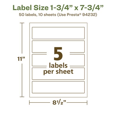 Avery EcoFriendly Laser/Inkjet Rectangle Multipurpose Labels, 1-3/4" x 7-3/4", White, 50/Pack (94232)