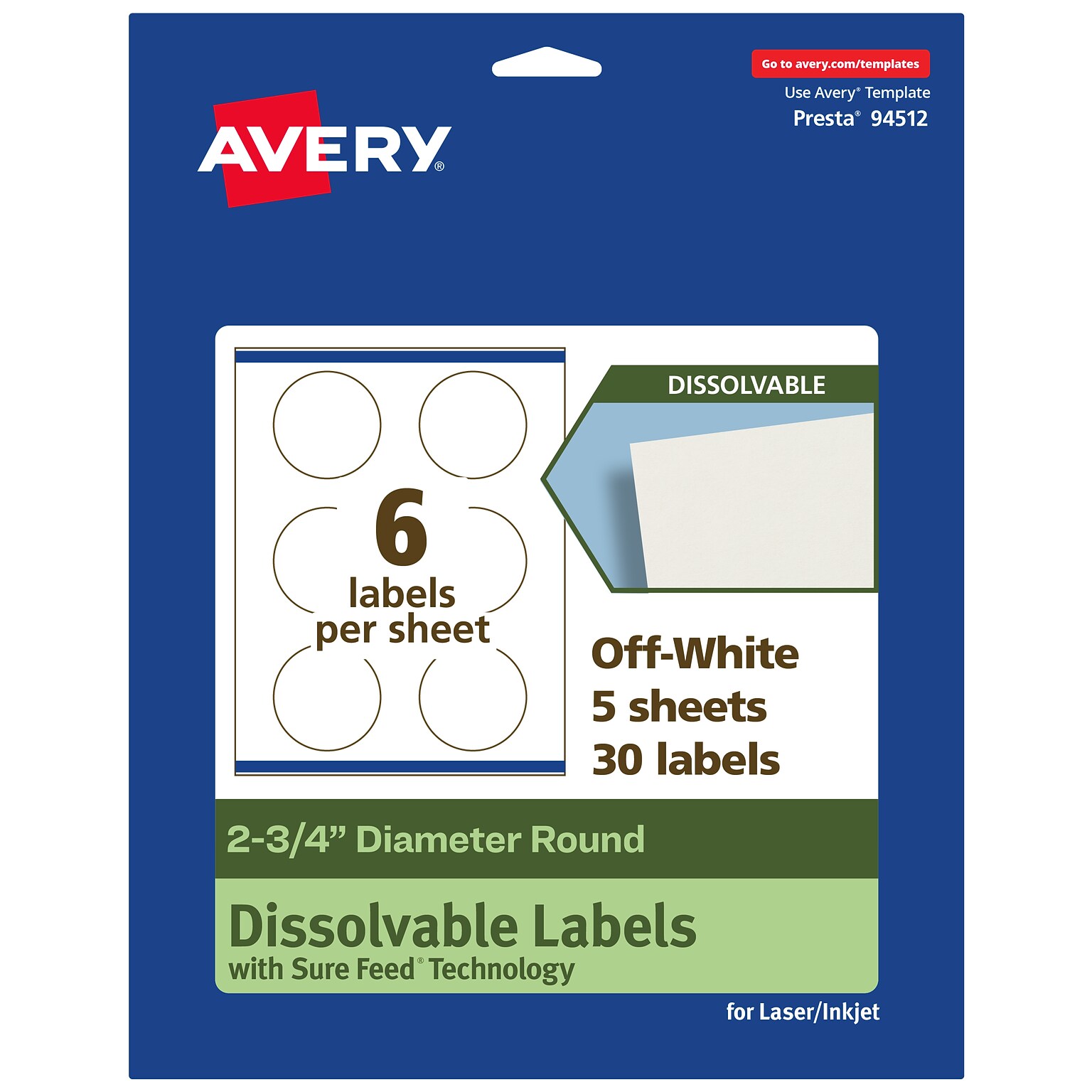 Avery Dissolvable Circle Multipurpose Labels, 2.75 Dia., Off-white, 30/Pack (94512)