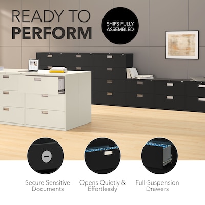 HON Brigade 600 Series 3-Drawer Lateral File Cabinet, Locking, Letter/Legal, Black, 36"W (H683.L.P)