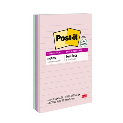 Post-it Recycled Super Sticky Notes, 4 x 6, Wanderlust Pastels Collection, Lined, 90 Sheets/Pad, 3