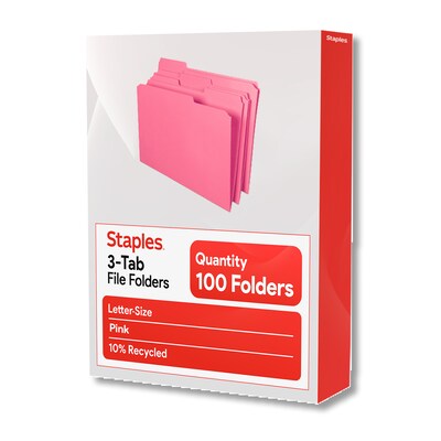 Staples Reinforced File Folders, 1/3-Cut Tab, Letter Size, Pink, 100/Box (508952)