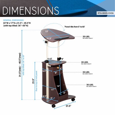 Techni Mobili 22"W Manual Adjustable Standing Laptop Cart, Chocolate (RTA-B005-CH36)