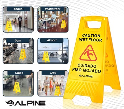 Alpine Industries 24 in. A-Frame Multilingual Caution Safety Wet Floor Sign, Yellow, 10 Pack (ALP499-10)