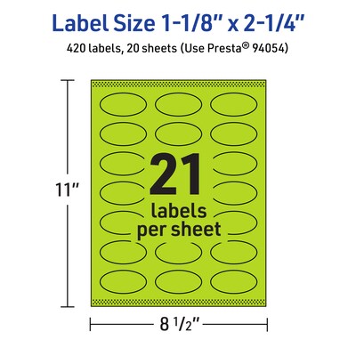Avery Printable Oval Multipurpose Labels, 1-1/8" x 2-1/4", Bright Green, 420/Pack (94054)