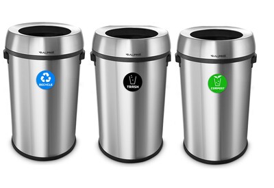 Alpine Industries Stainless Steel Recycling, Trash and Compost Station with Open Lid, 17 Gallon, 3/Pack (ALP470-65L-R-T-CO)