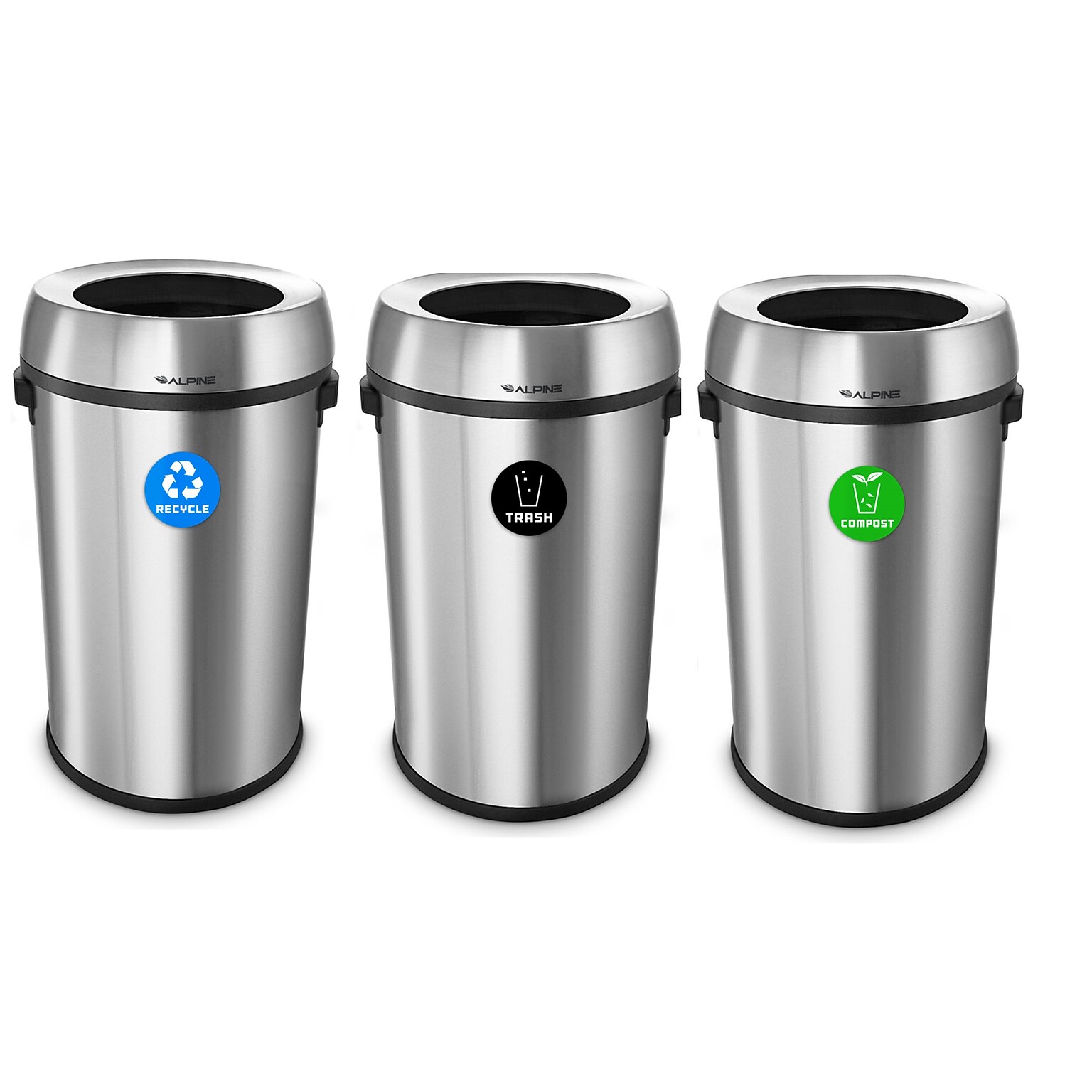Alpine Industries Stainless Steel Recycling, Trash and Compost Station with Open Lid, 17 Gallon, 3/Pack (ALP470-65L-R-T-CO)