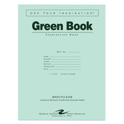 Roaring Spring Paper Products Exam Notebooks, 8.5 x 11, Wide Ruled, 8 Sheets, Green (77509)