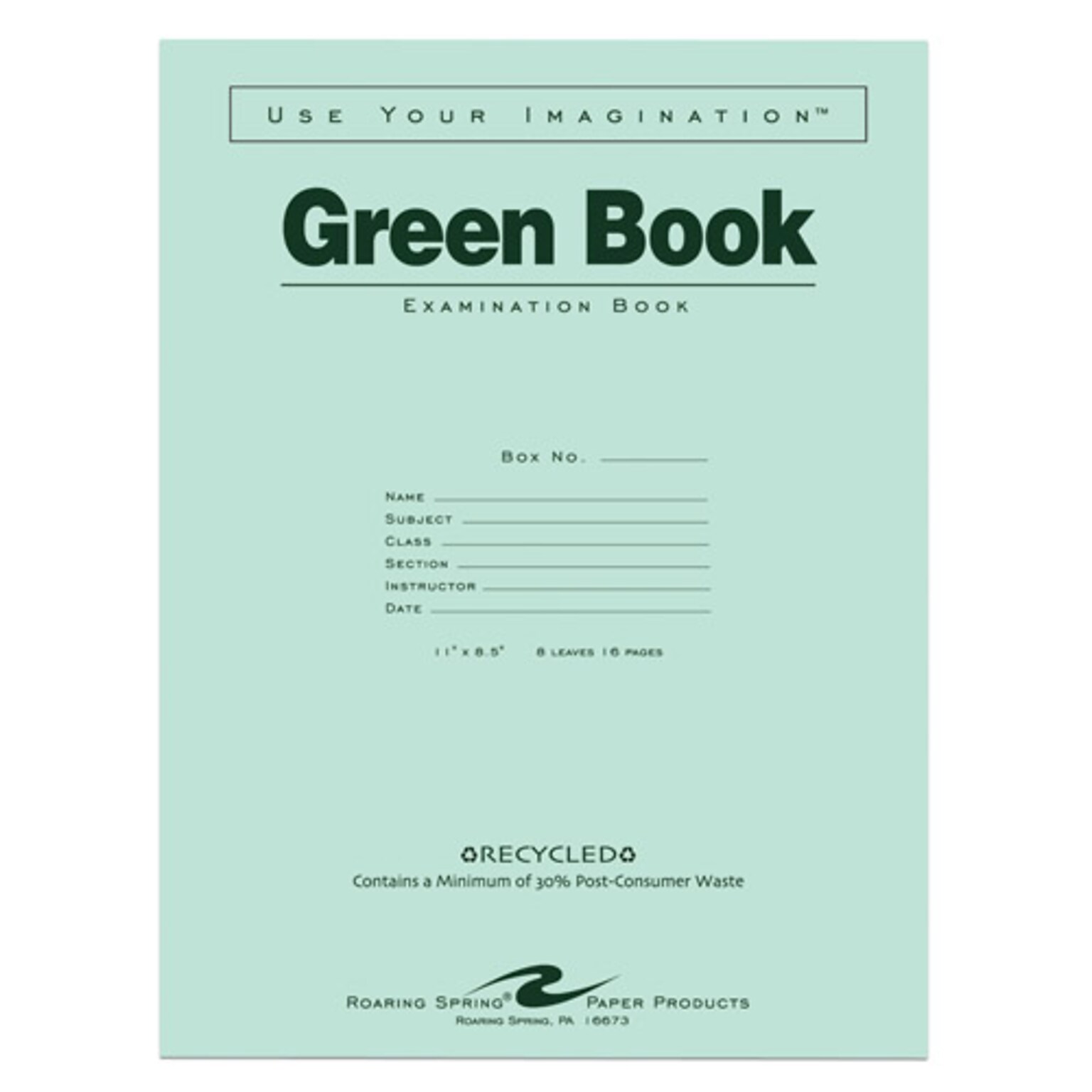 Roaring Spring Paper Products Exam Notebooks, 8.5 x 11, Wide Ruled, 8 Sheets, Green (77509)